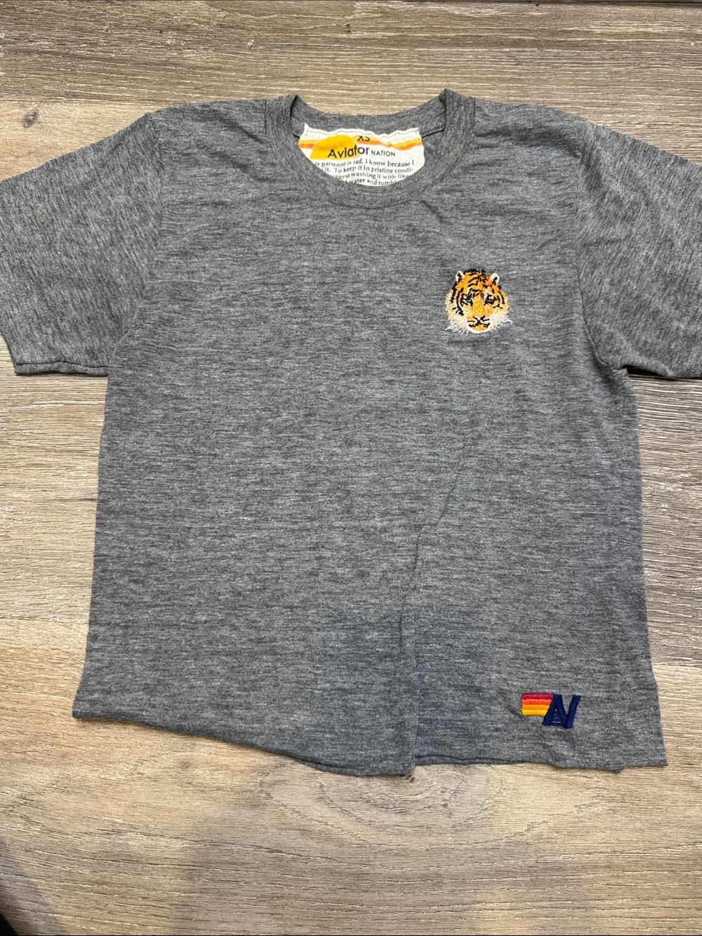 Aviator Nation Grey Short Sleeve Tee with Tiger Patch and Rainbow Detail AZ1349